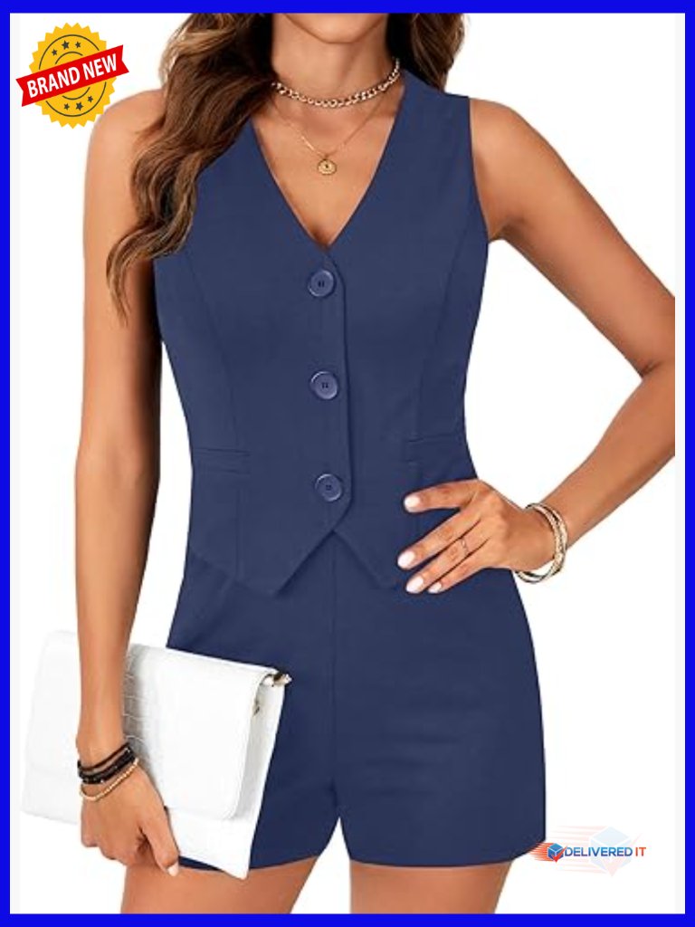 Sleeveless V-Neck Jumpsuit Romper With Blazer Vest